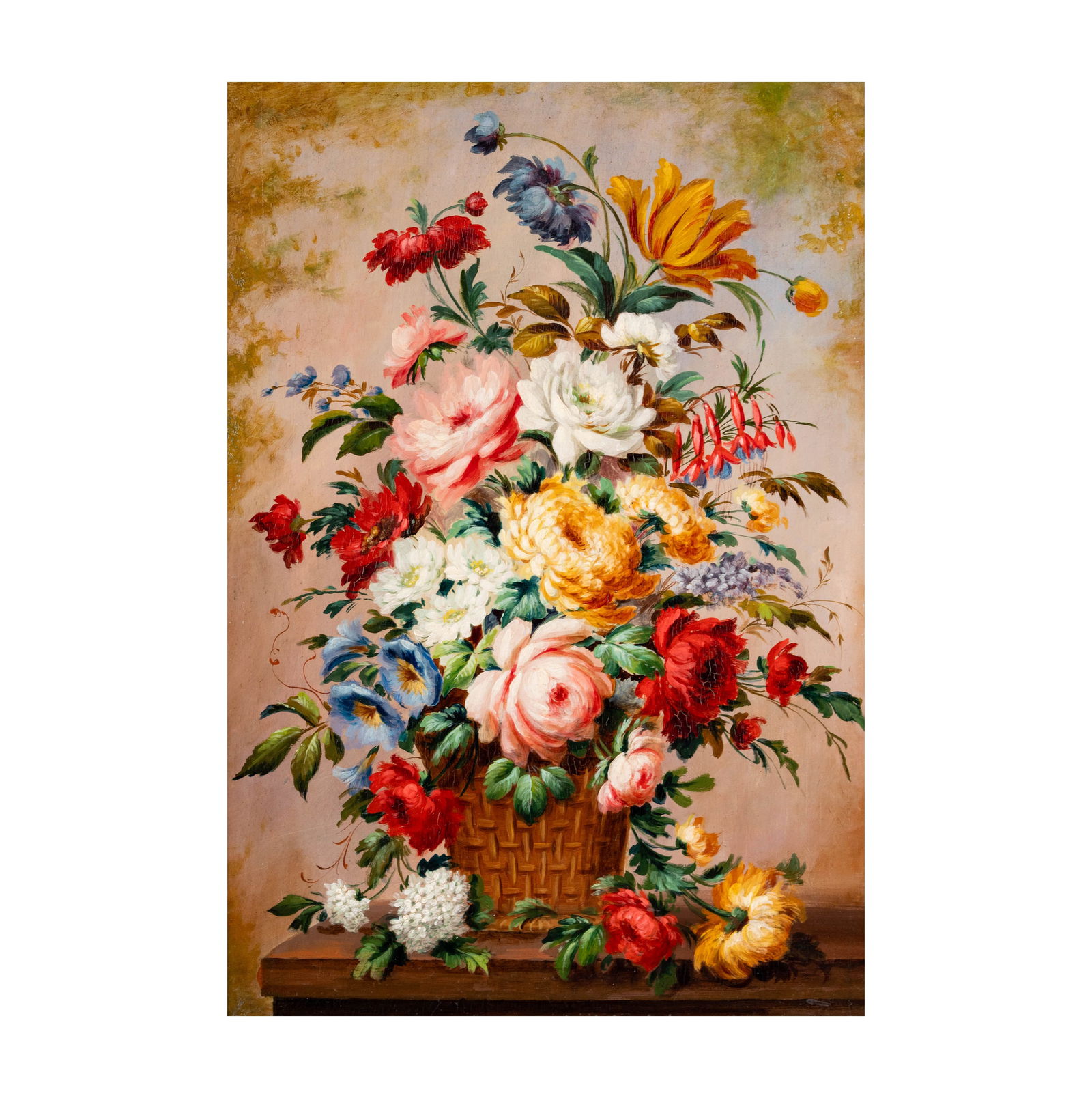 Artist Unknown, Still Life with Flowers: oil on wood panel, unsigned, 24 x 17 in., frame: 31 1/4 x 24 in.