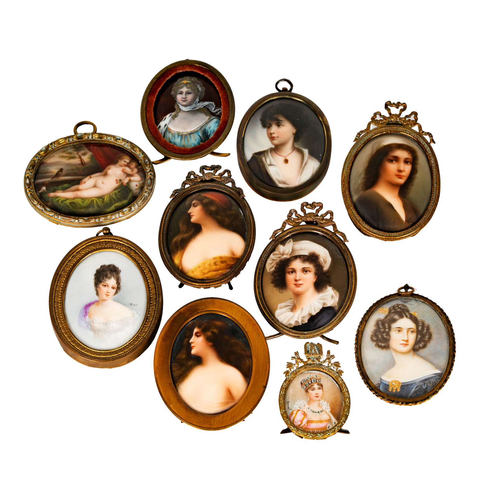 Group of Ten Painted Portrait and Figural Miniatures: some signed, largest: 4 x 3 1/2 in.