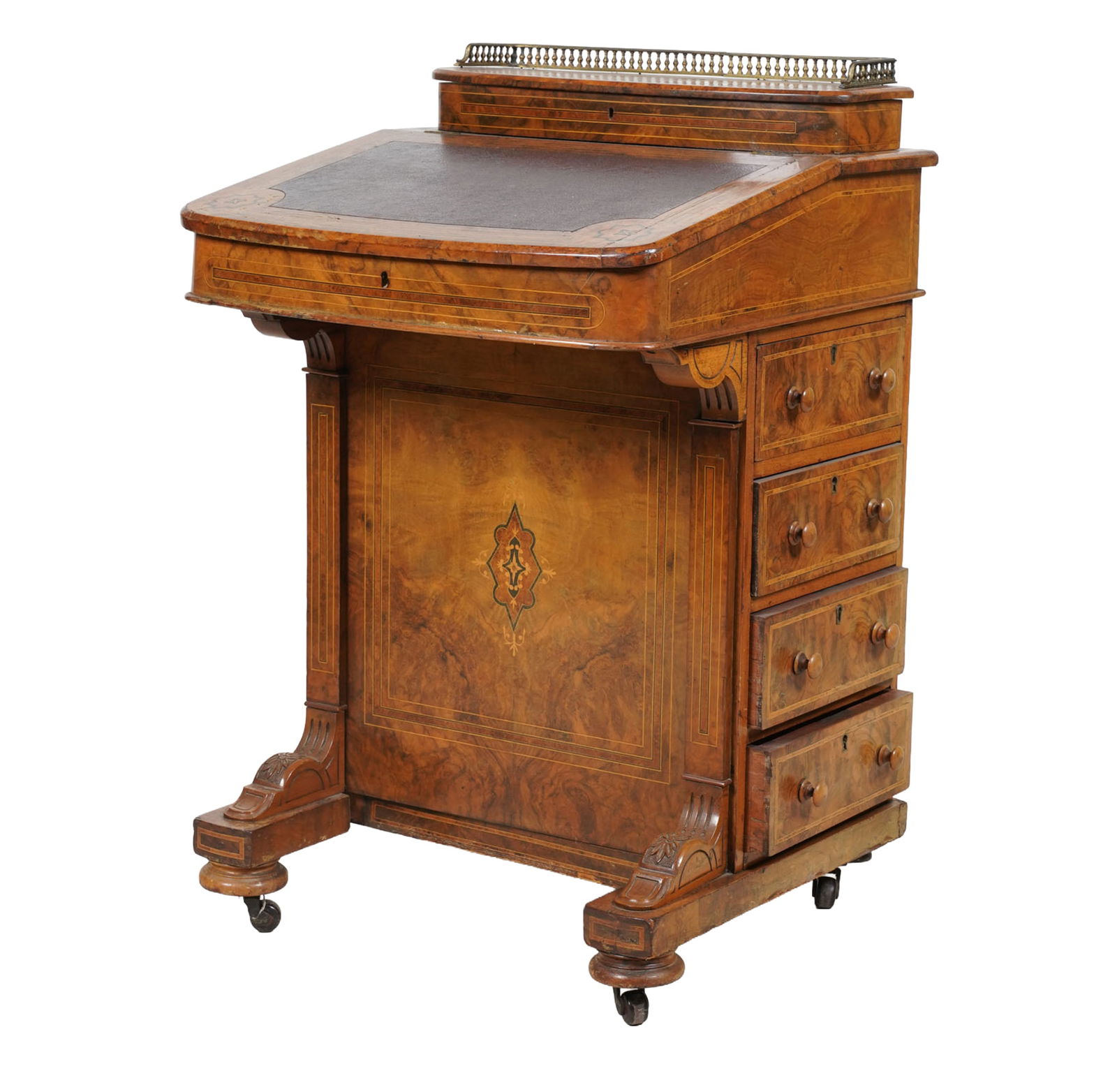 Victorian Burl-Walnut and Inlaid Davenport: 34 x 21 1/2 x 21 1/2 in.