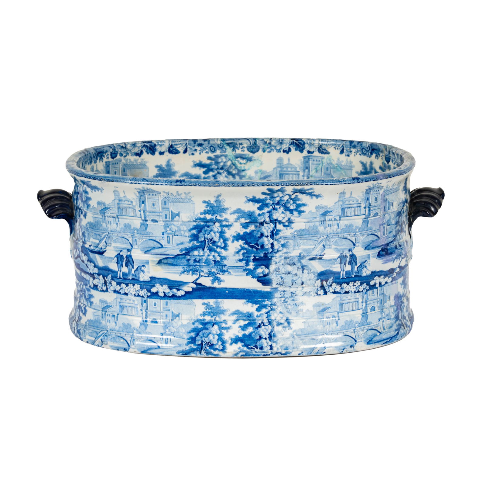 English Blue and White Ironstone Footbath: unmarked, 8 1/2 x 20 x 13 1/2 in.