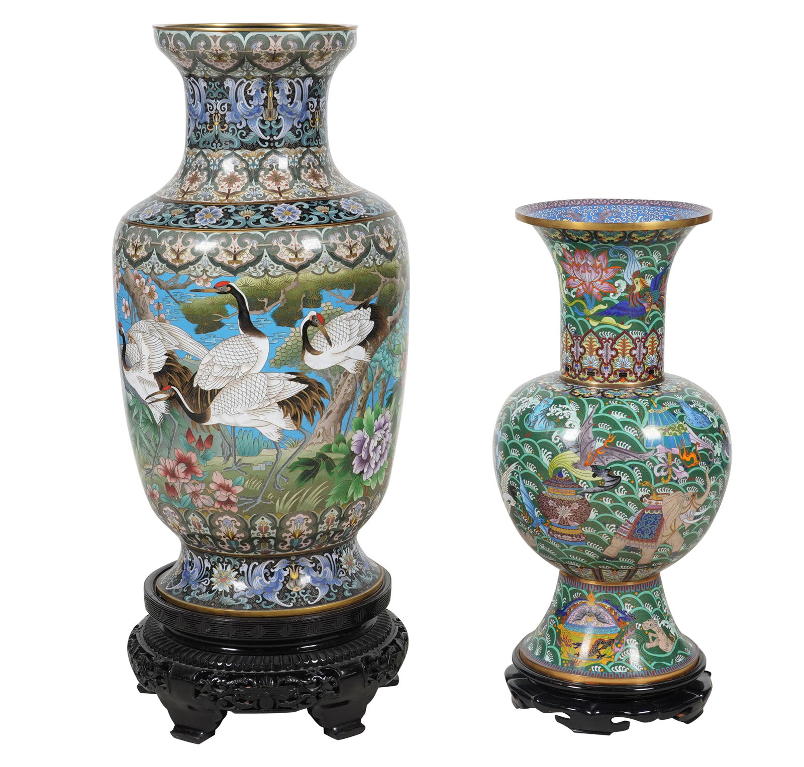 Two Large Cloisonne Vases: each on wooden base, 36 3/4 x 16 in. and 27 1/2 x 12 in.