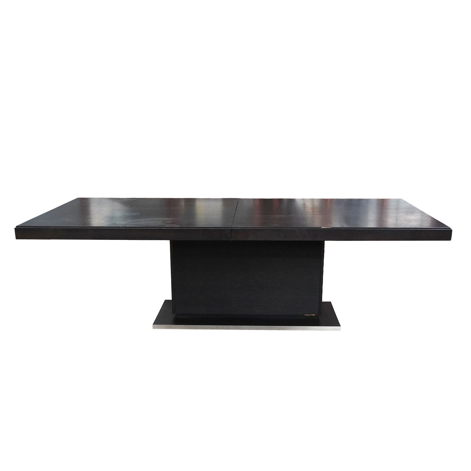 Ceccotti Collezioni, Macassar Ebony and Steel Dining Table: with two hidden interior leaves, manufacturer's label to underside, closed: 30 x 101 x 39 1/4 in., each leaf: 31 1/2 in. wide