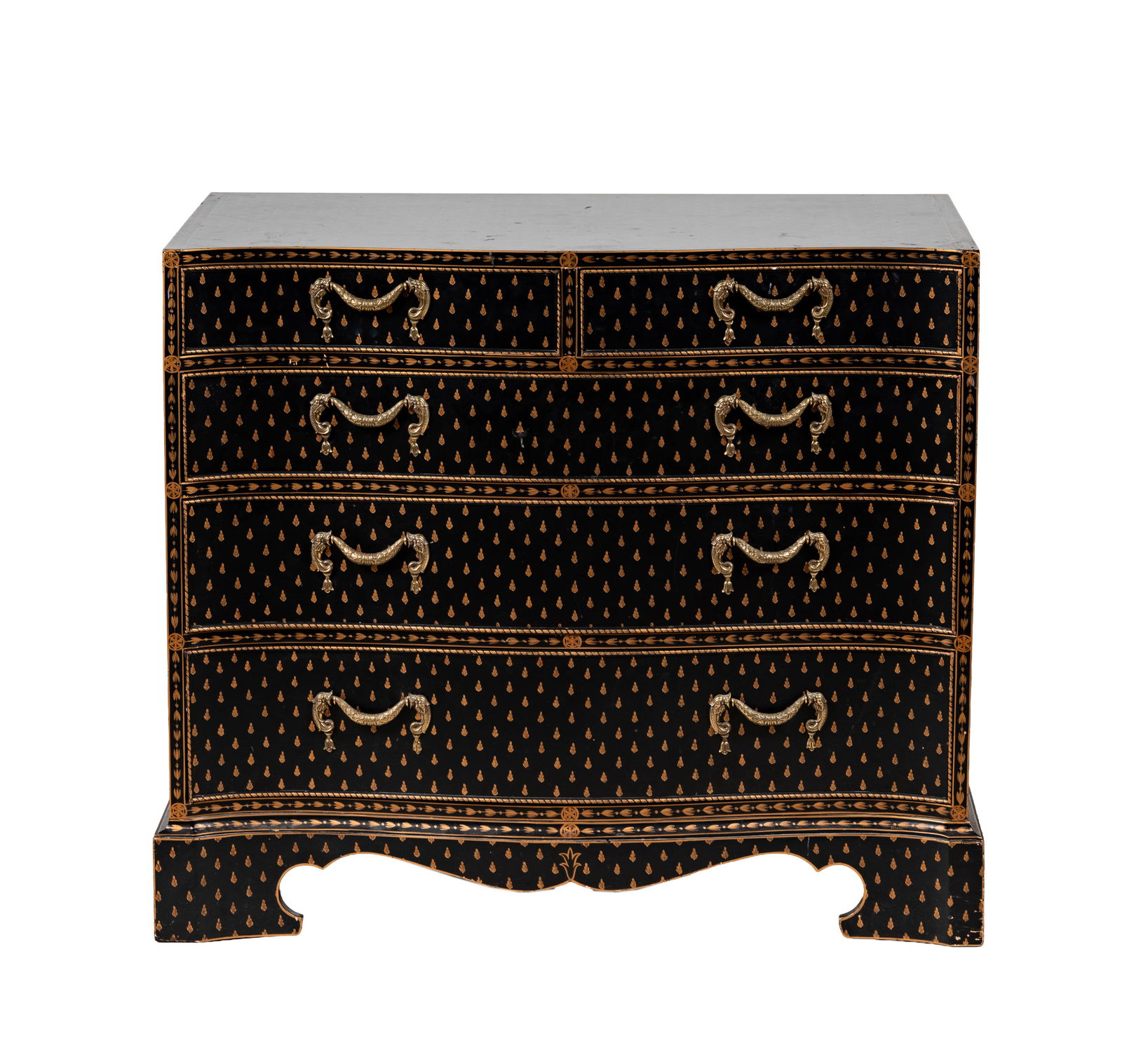 Chelsea House Serpentine Chest of Drawers: black and gilt lacquer finish, with manufacturer's label verso, 32 1/4 x 38 x 22 in.