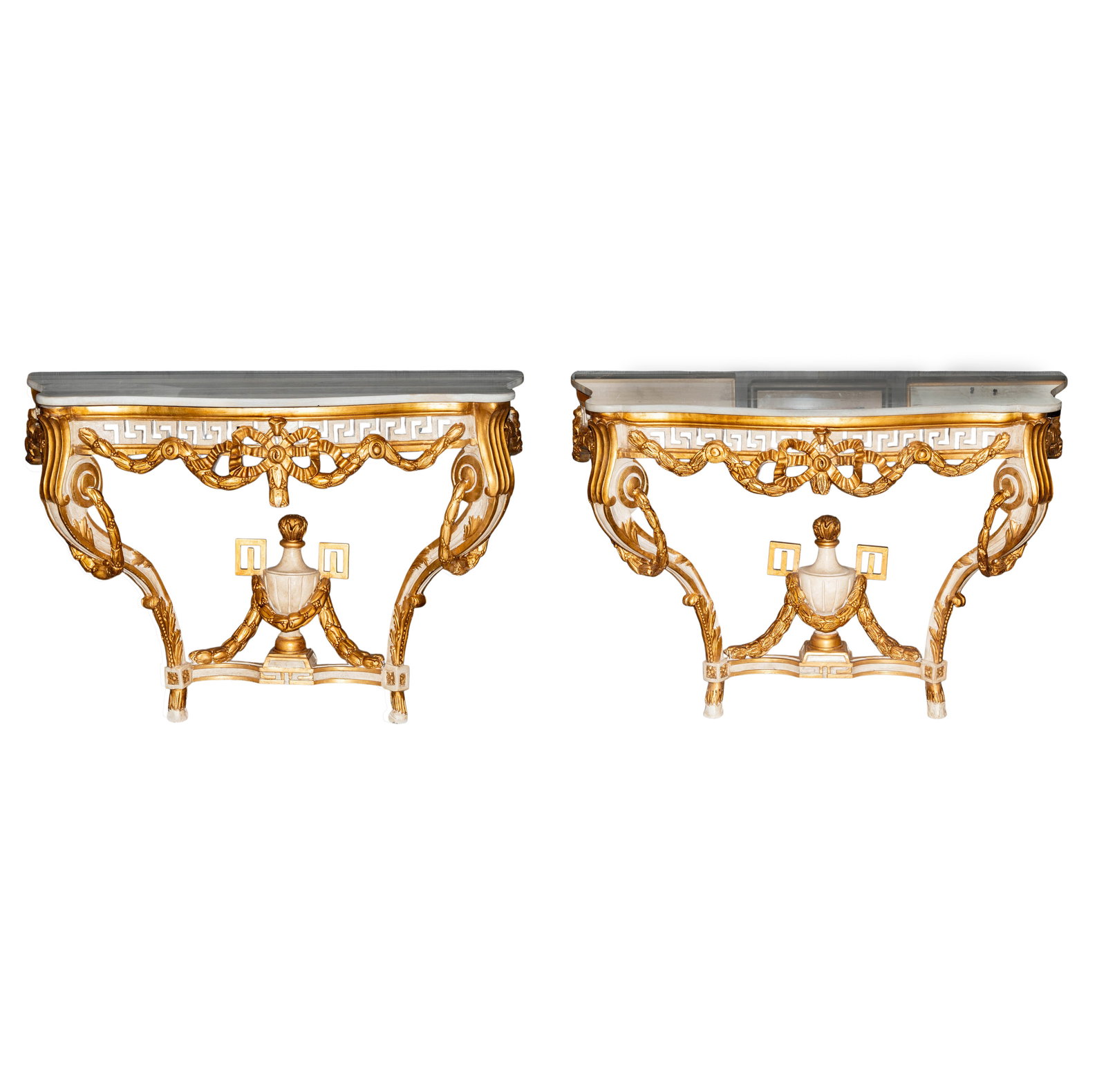 Pair of Rococo-Style Marble-Top Painted and Gilt Console Tables: 33 1/2 x 50 x 21 in.
