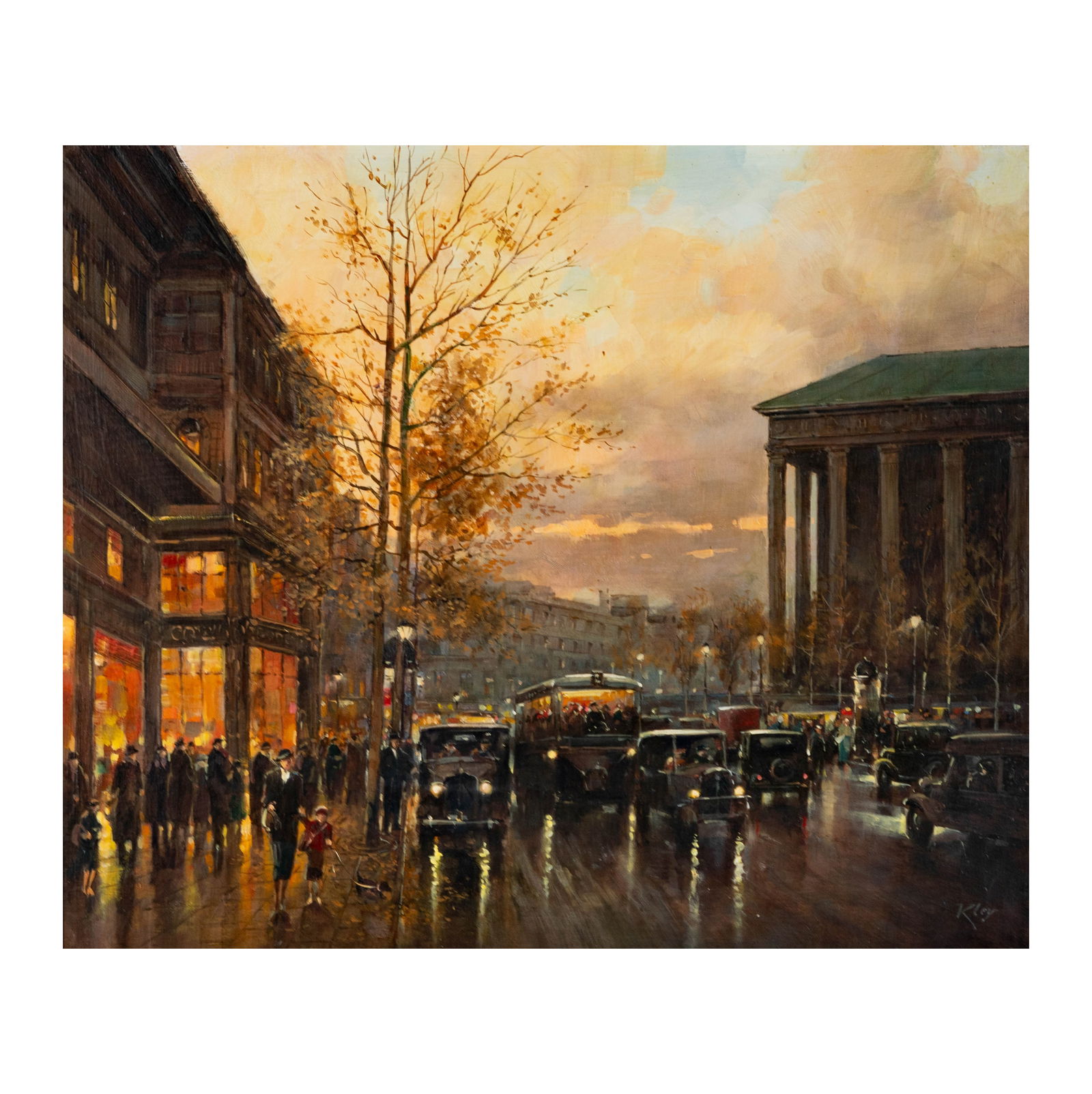 20th Century, Rainy Evening: oil on board, signed "Kley" lower right, titled to label verso, 20 x 24 in., frame: 27 x 31 in.