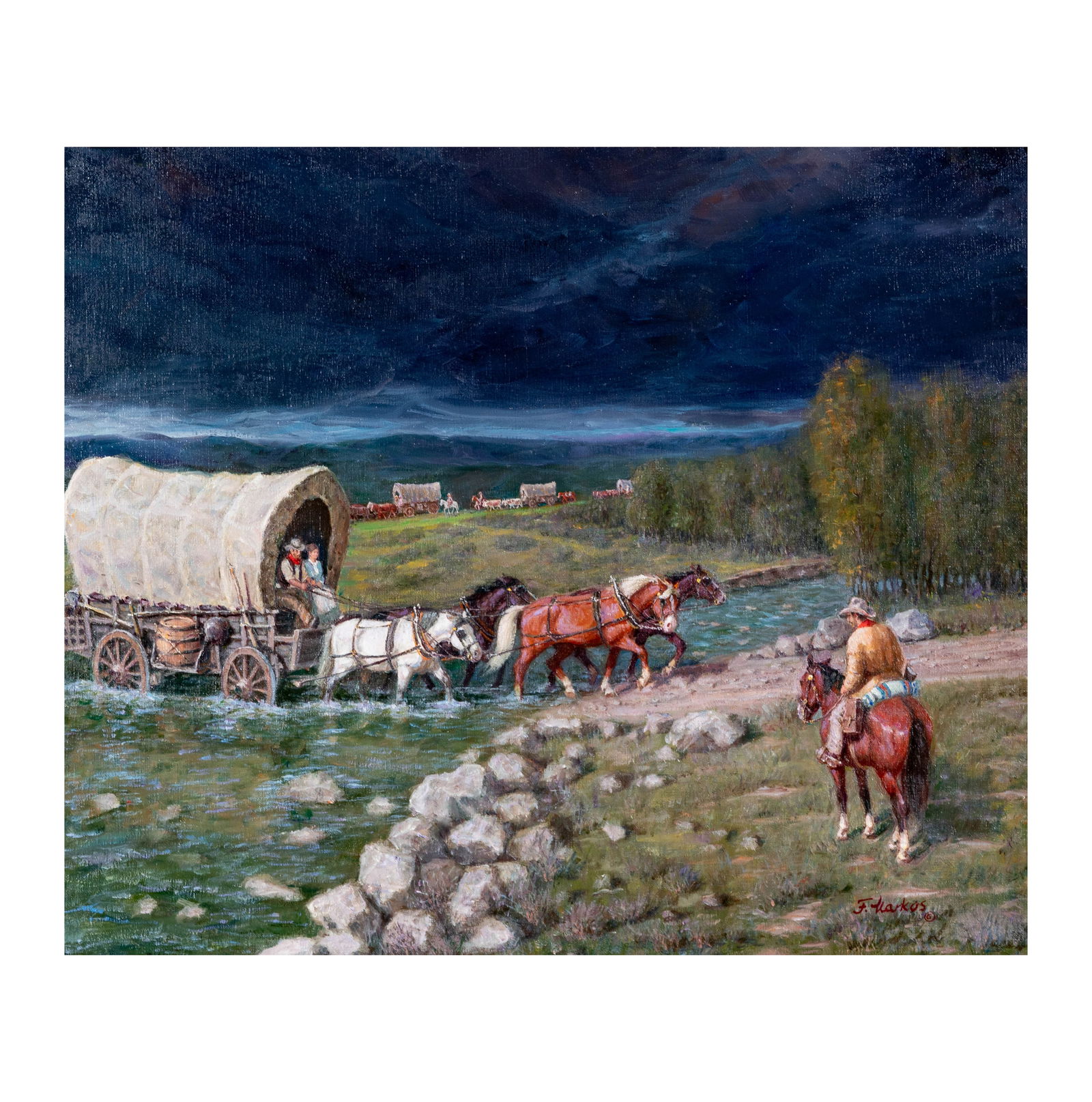 Francis Markos (20th Century), Moving On To Better Times: oil on canvas, signed lower right, signed again verso and titled to label on stretcher, 20 x 24 in., frame: 30 x 34 in.
