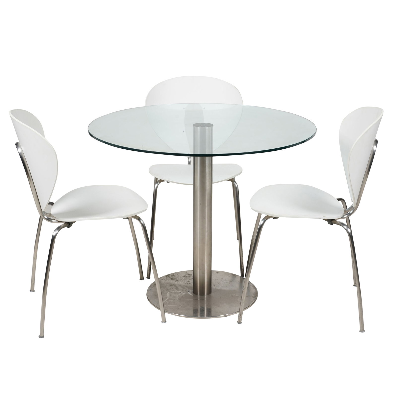 Jesus Gasca, Zero Dining Table with Three Globus Stacking Chairs: table: 29 1/4 x 35 1/4 in., chairs: 32 1/2 x 18 x 19 1/4 in., seat height: 17 1/2 in.