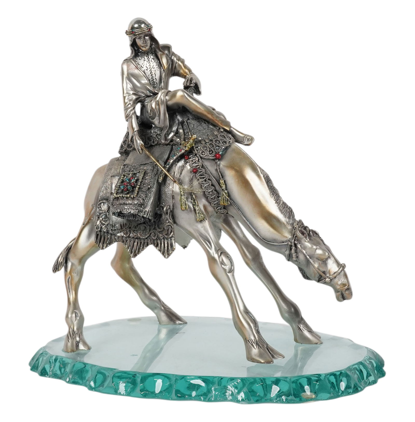 Salvucci Sterling Orientalist Camel and Rider Sculpture: signed and marked .925, on glass base, overall: 10 3/4 x 10 1/2 x 7 3/4 in.