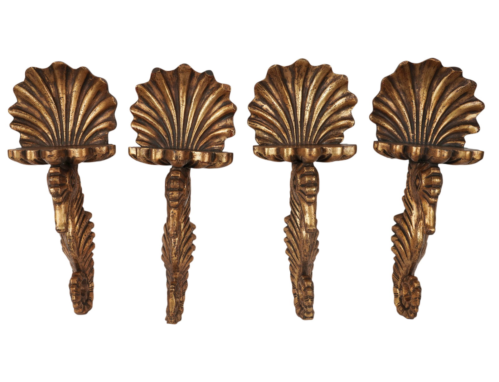 Set of Four Grotto-Style Carved Giltwood Brackets: with seahorse motif, 19 x 7 1.2 x 5 in.