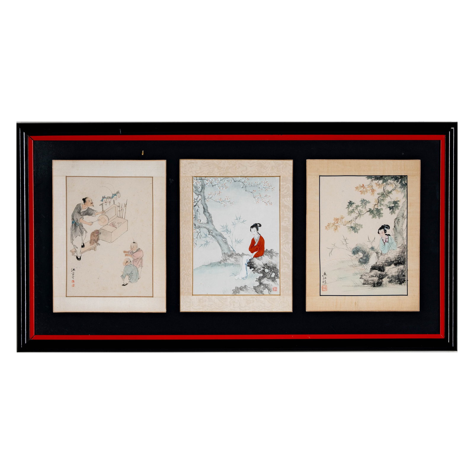 Chinese School: Three Works: signed, each: 11 x 8 1/4 in., framed together in one frame: 17 x 32 1/2 in.