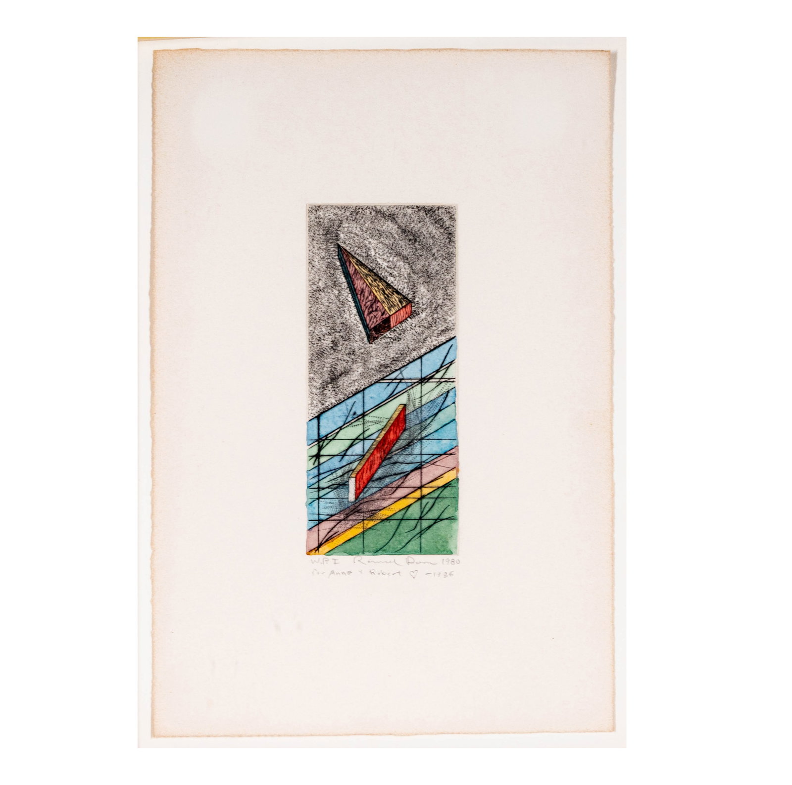 Ronald Wendel Davis (1937 - 2025), Drypoint Zeta: drypoint print with hand coloring, 1980, ed. W.P. (working proof) I, signed, dated and numbered in pencil, and with inscription dated 1986, sheet: 13 1/2 x 9 in., frame: 15 1/2 x 11 in.
