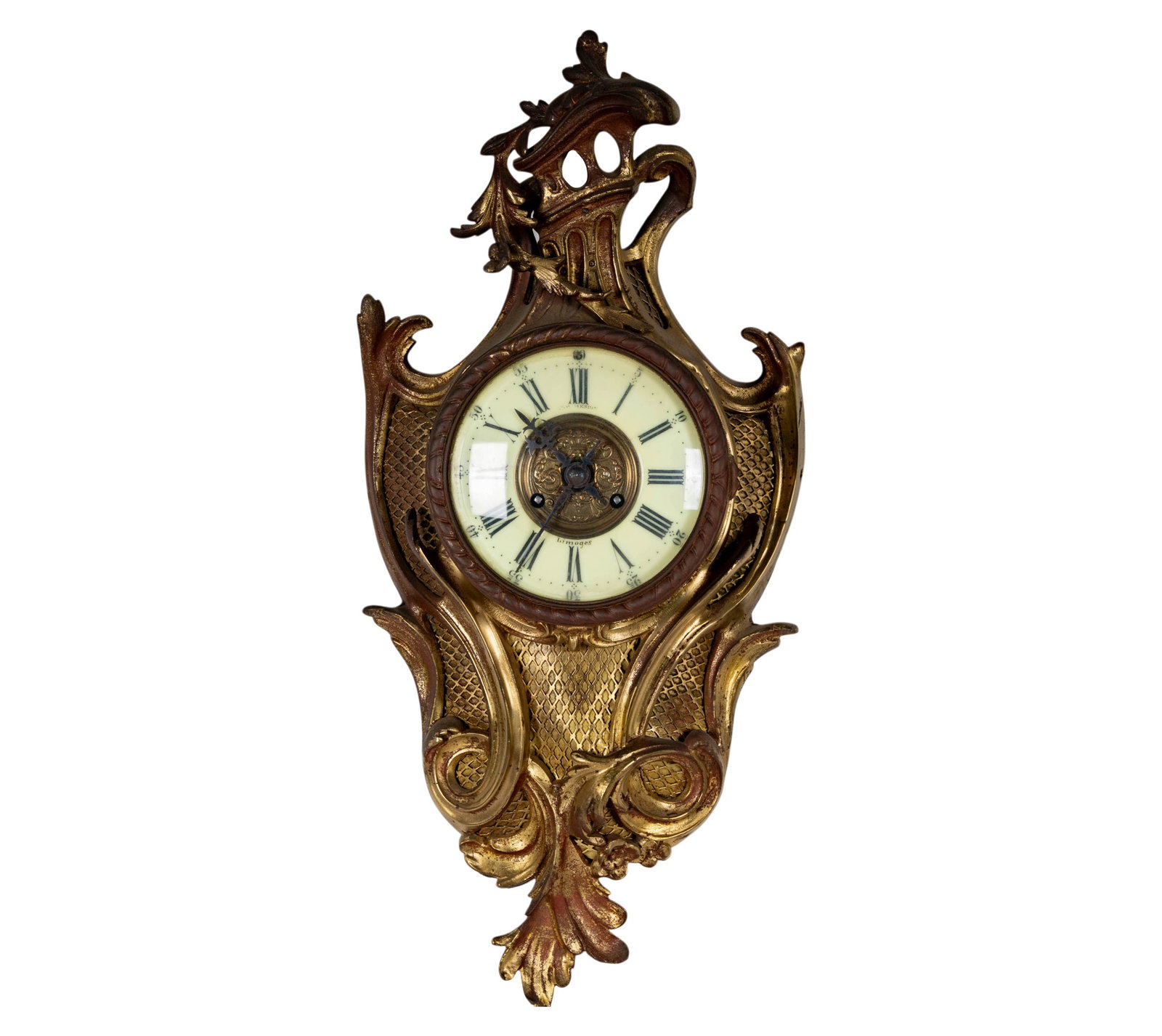 French Brass Cartouche Clock: the dial signed "[illegible] / Limoges", the movement with Japy Freres Medaille d'honneur pastille, 20 x 20 x 9 1/2 x 3 1/2 in.