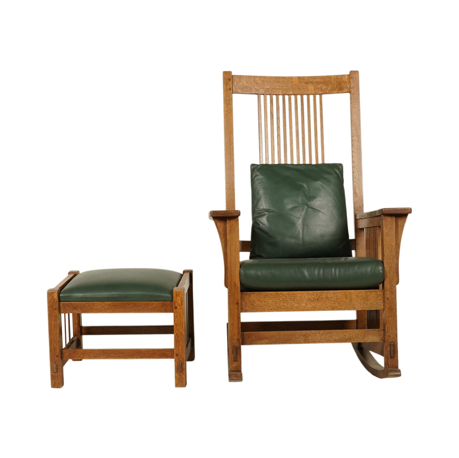 Stickley Oak Rocking Chair and Footstool: late 20th/ 21st century, chair: 45 x 27 1/2 x 32 in. Seat height: 17 in.