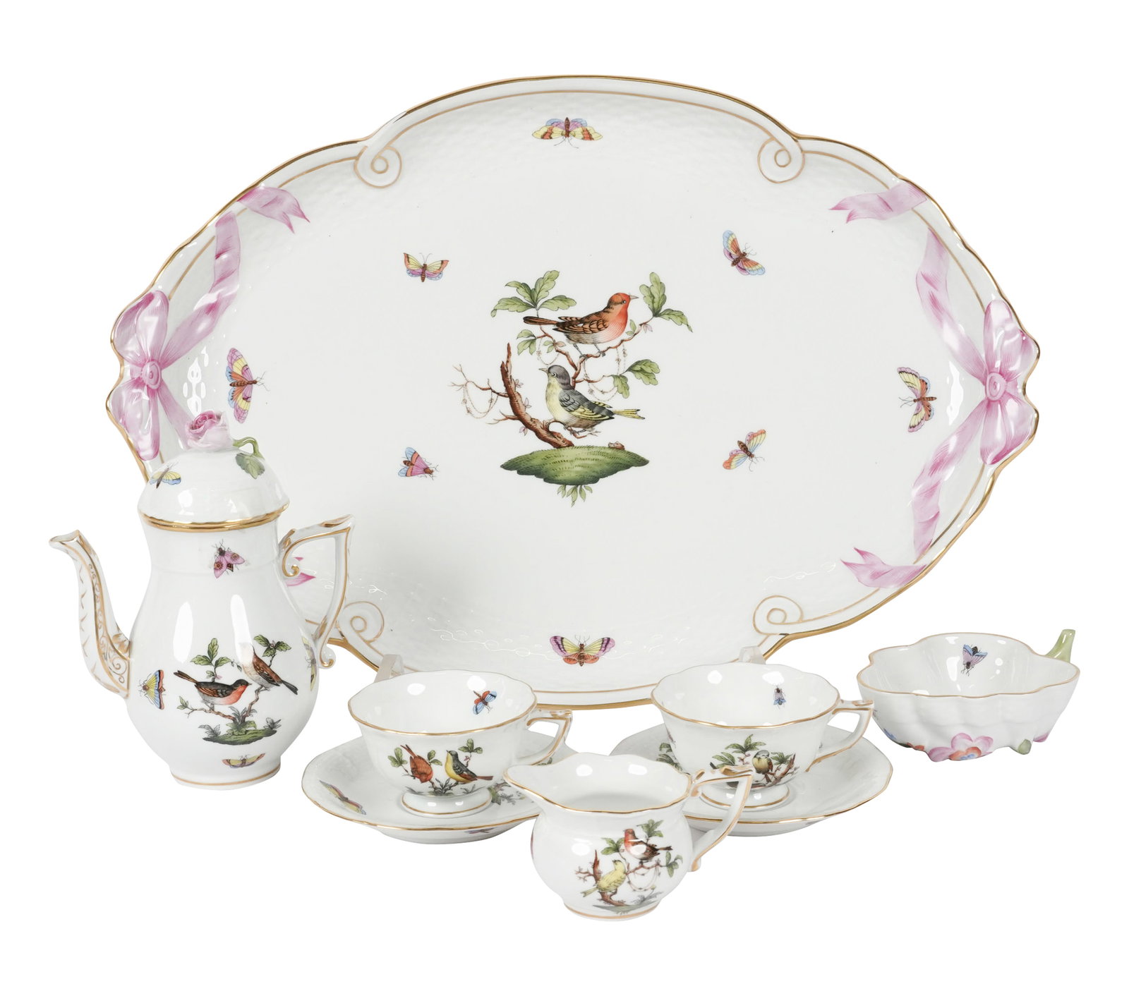 Herend Rothschild Bird Coffee Service: comprising a ribbon tray (16 x 11 1/4 in.), a small coffee pot (6 1/4 in. high), two cups, two saucers, one bowl, and one creamer [8 pieces]