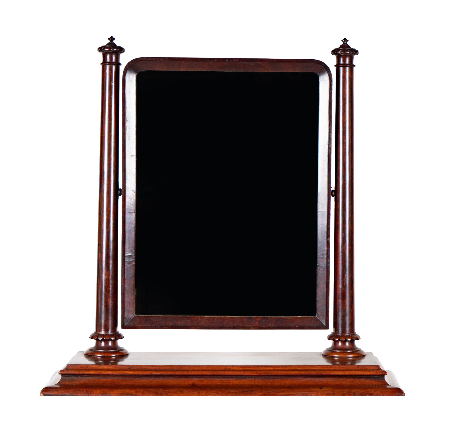 English Mahogany Vanity MIrror: the tilting mirror plate on columnar supports over a stepped molded plinth, 33 1/2 x 33 x 13 1/4 in.