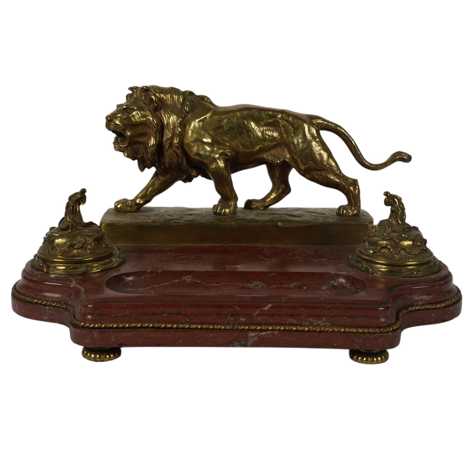 Marble and Bronze Figural Inkwell: cast with a lion figure, 14 1/4 x 16 1/2 x 9 1/4 in.