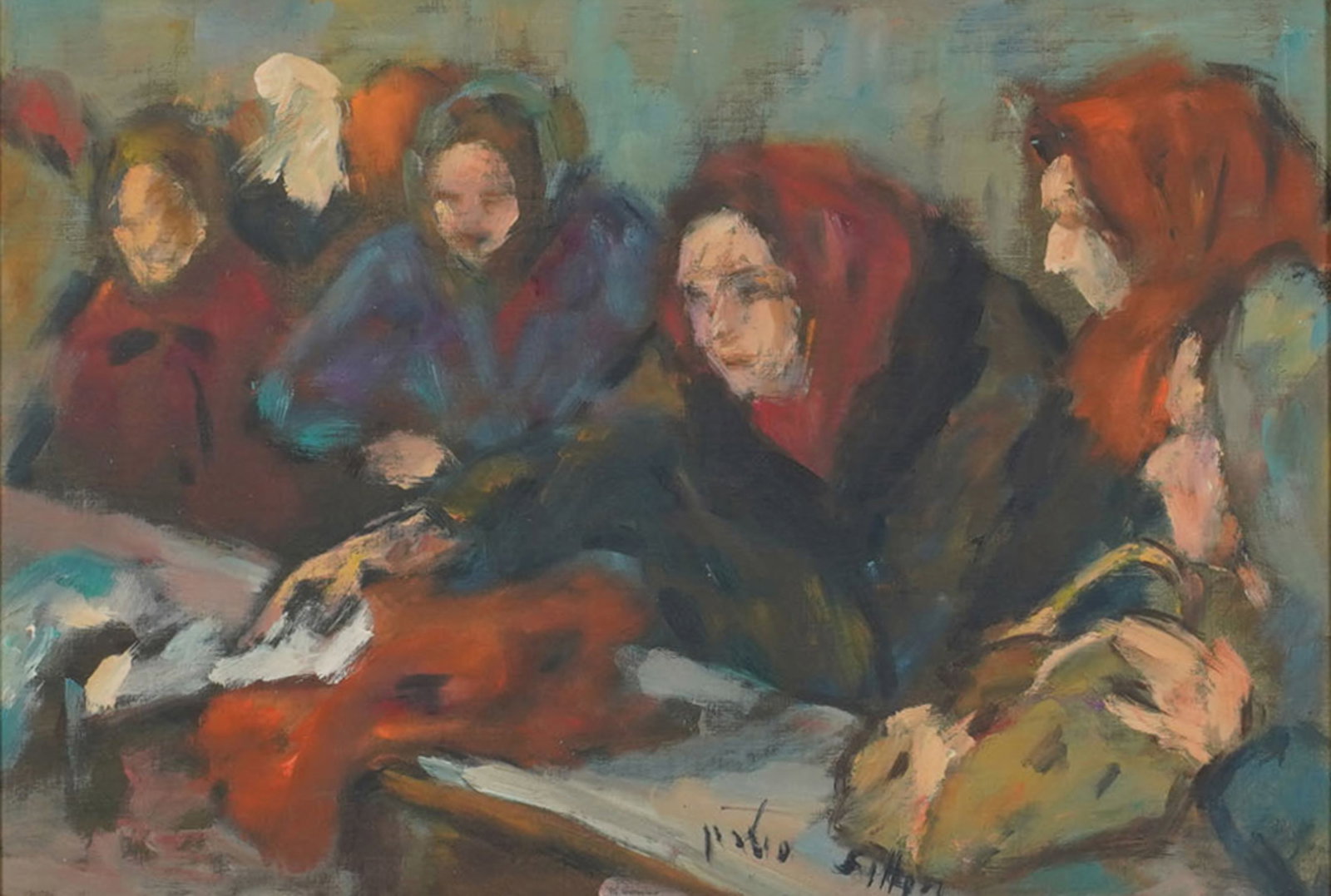 Haim Sitton (1926-1998), Women in Red Scarves at a Table: oil on board, signed lower right, 14.5 x 18.75, Frame: 17 x 21 in.