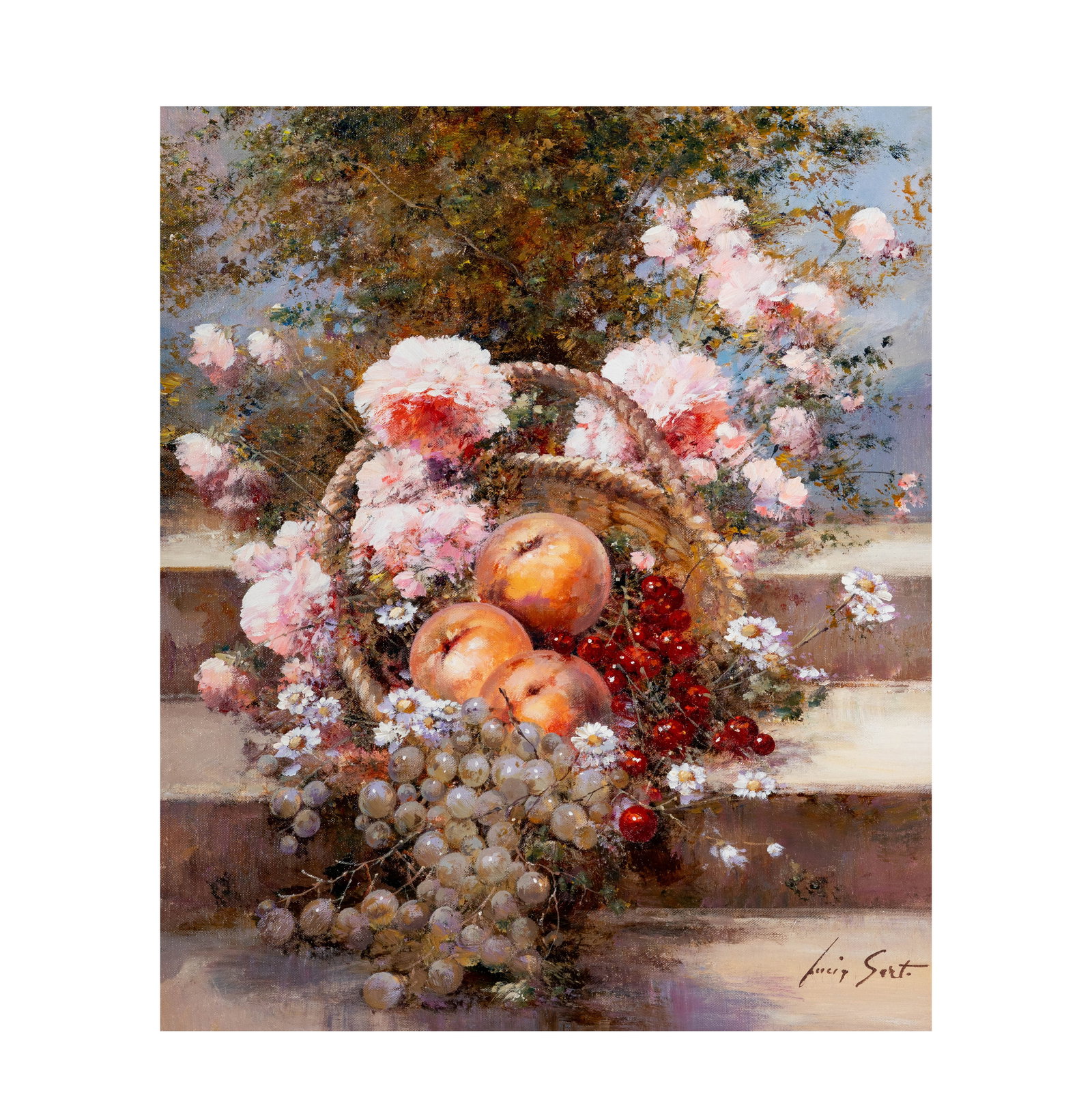 Lucia Sarto (b.1950), Fruit and Roses: oil on canvas, signed lower right, titled verso, 24 x 20 in., frame: 34 x 30 in.