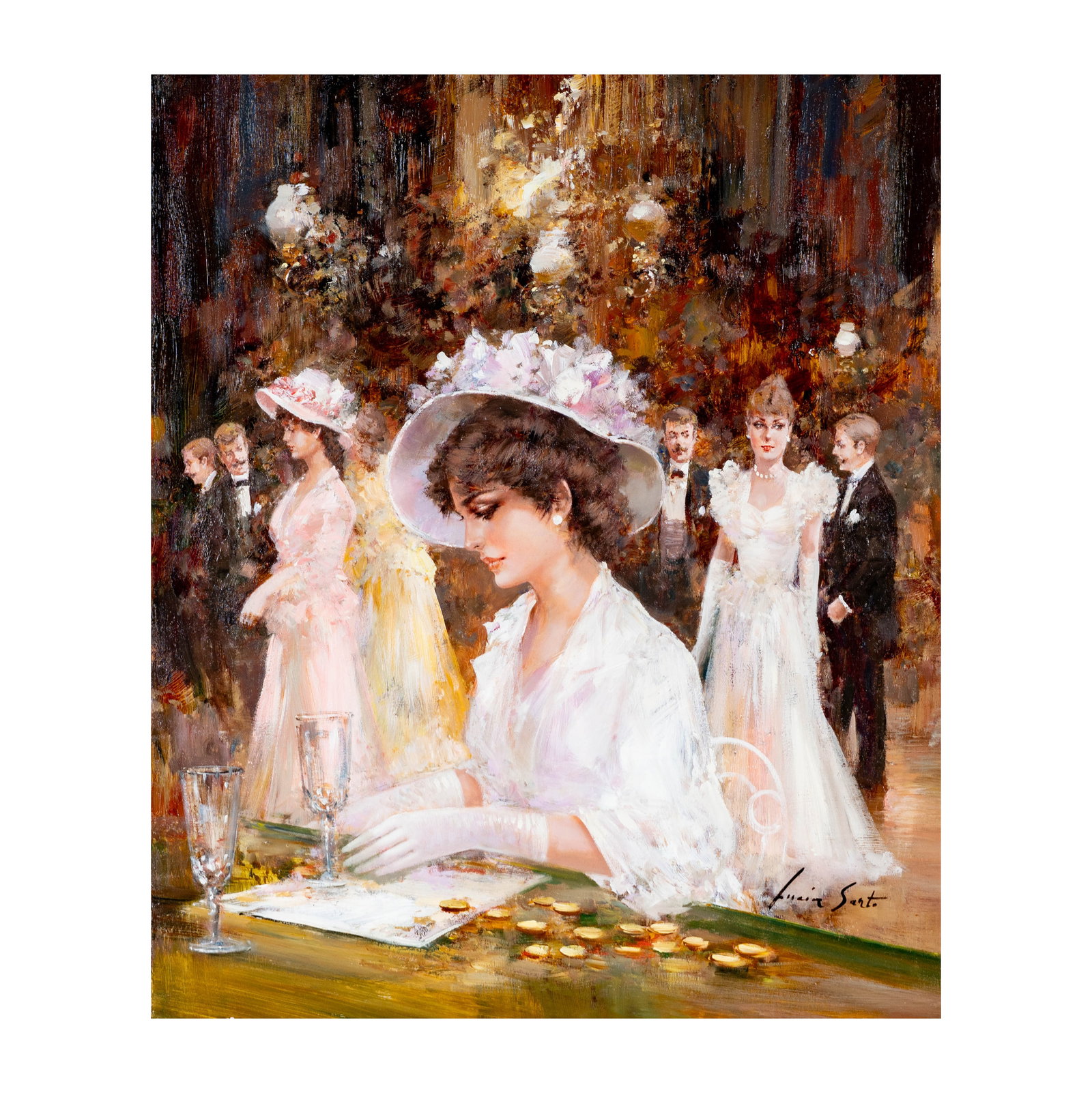 Lucia Sarto (b. 1950), At the Casino: oil on canvas, signed lower right, titled to label verso, 23 3/4 x 19 3/4 in., frame: 30 1/2 x 26 1/2 in.