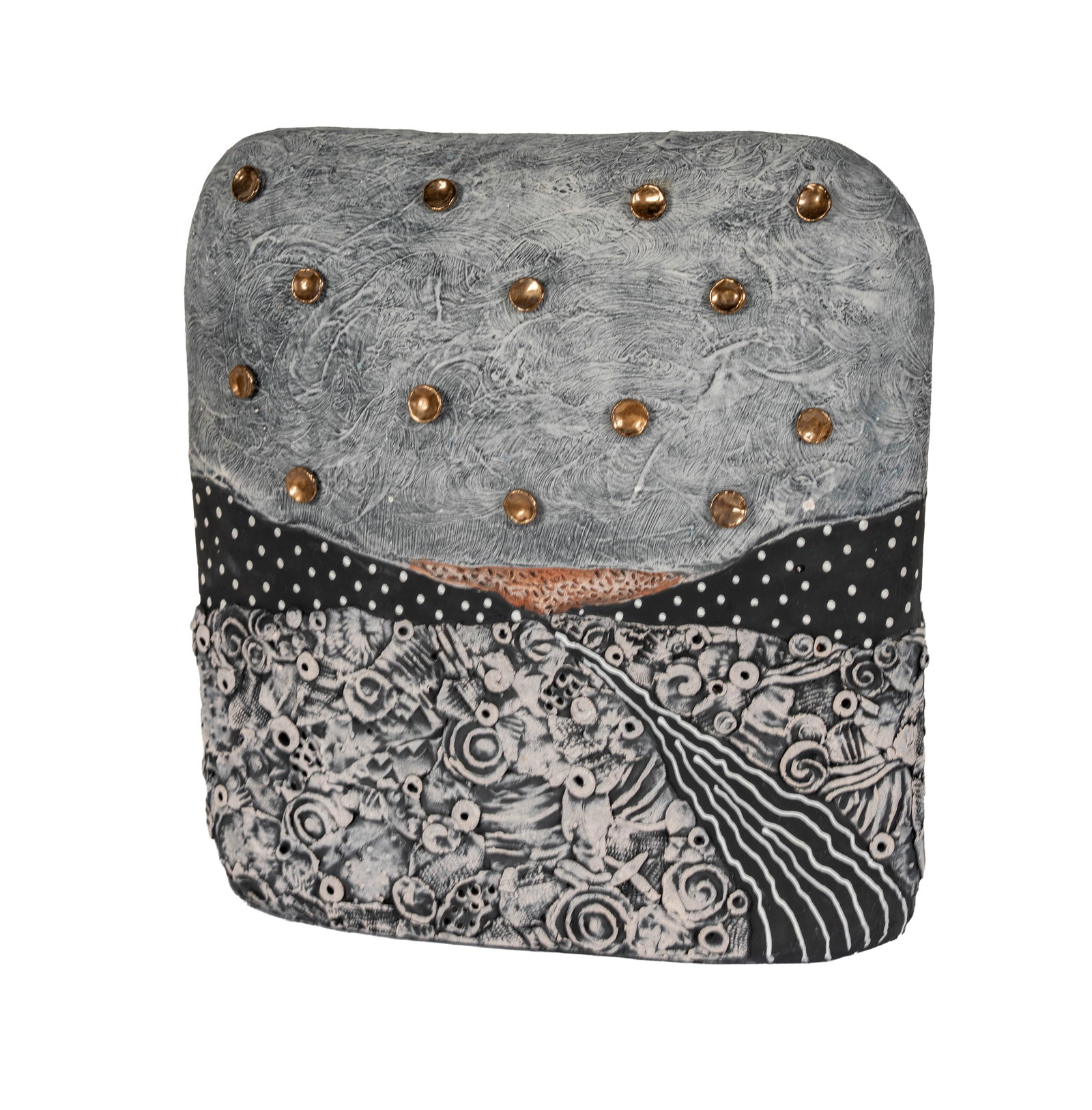 Anita Fields (b. 1951), Movement of the Sun: clay, slips, gold lustre glaze, 2013, signed and dated, 15 1/2 x 15 x 4 1/4 in.