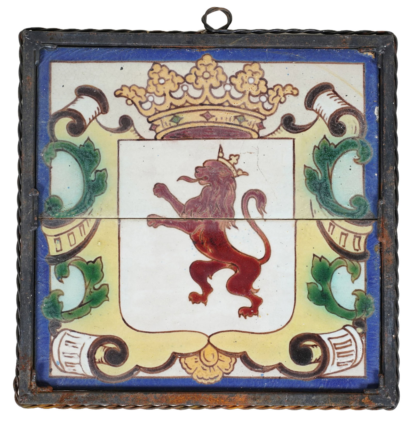 French Ceramic Wall Plaque: in iron frame, overall: 12 x 12 in.