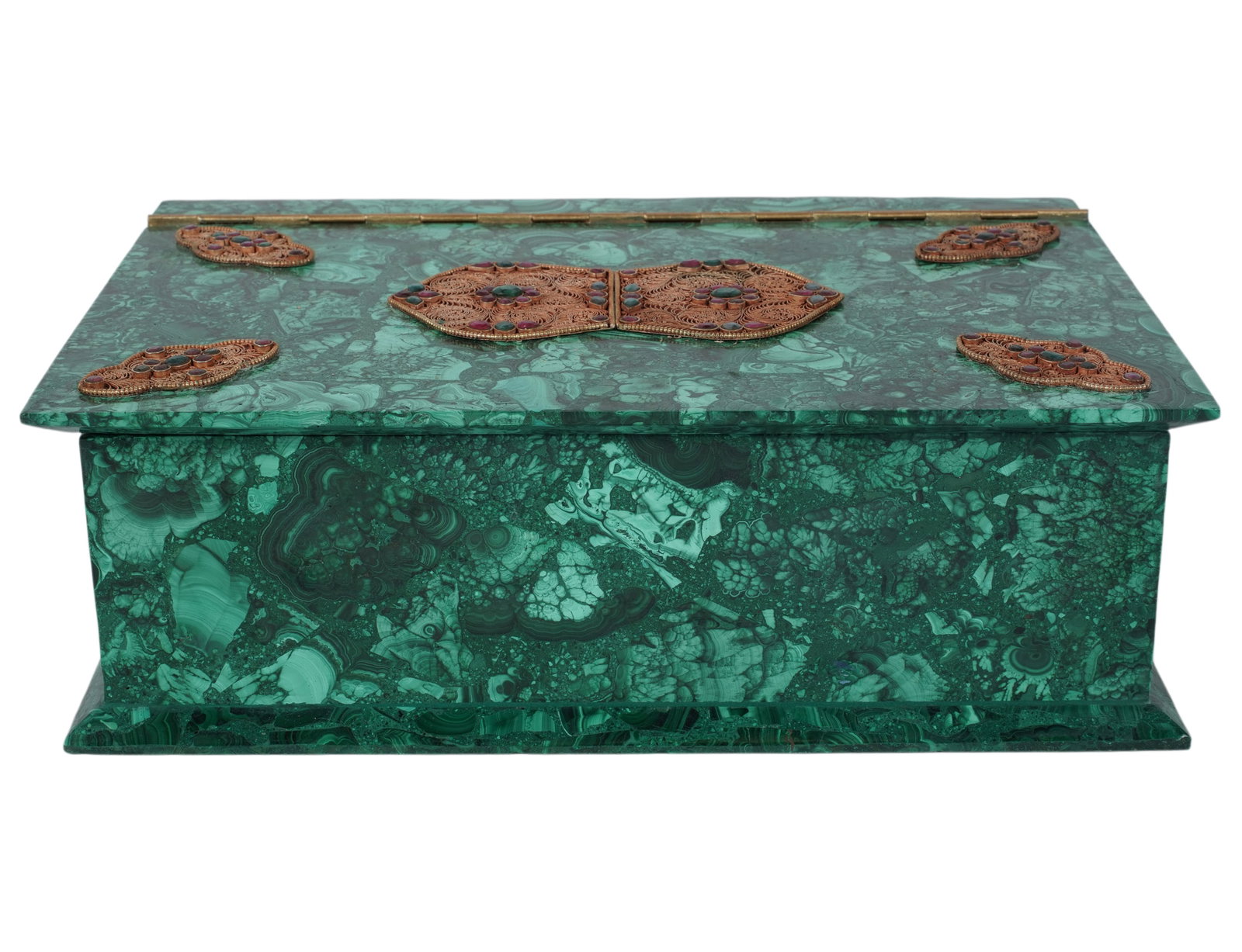 A Malachite Box: mounted with filigree and semiprecious stones 4 x 12 x 8 1/2 in.