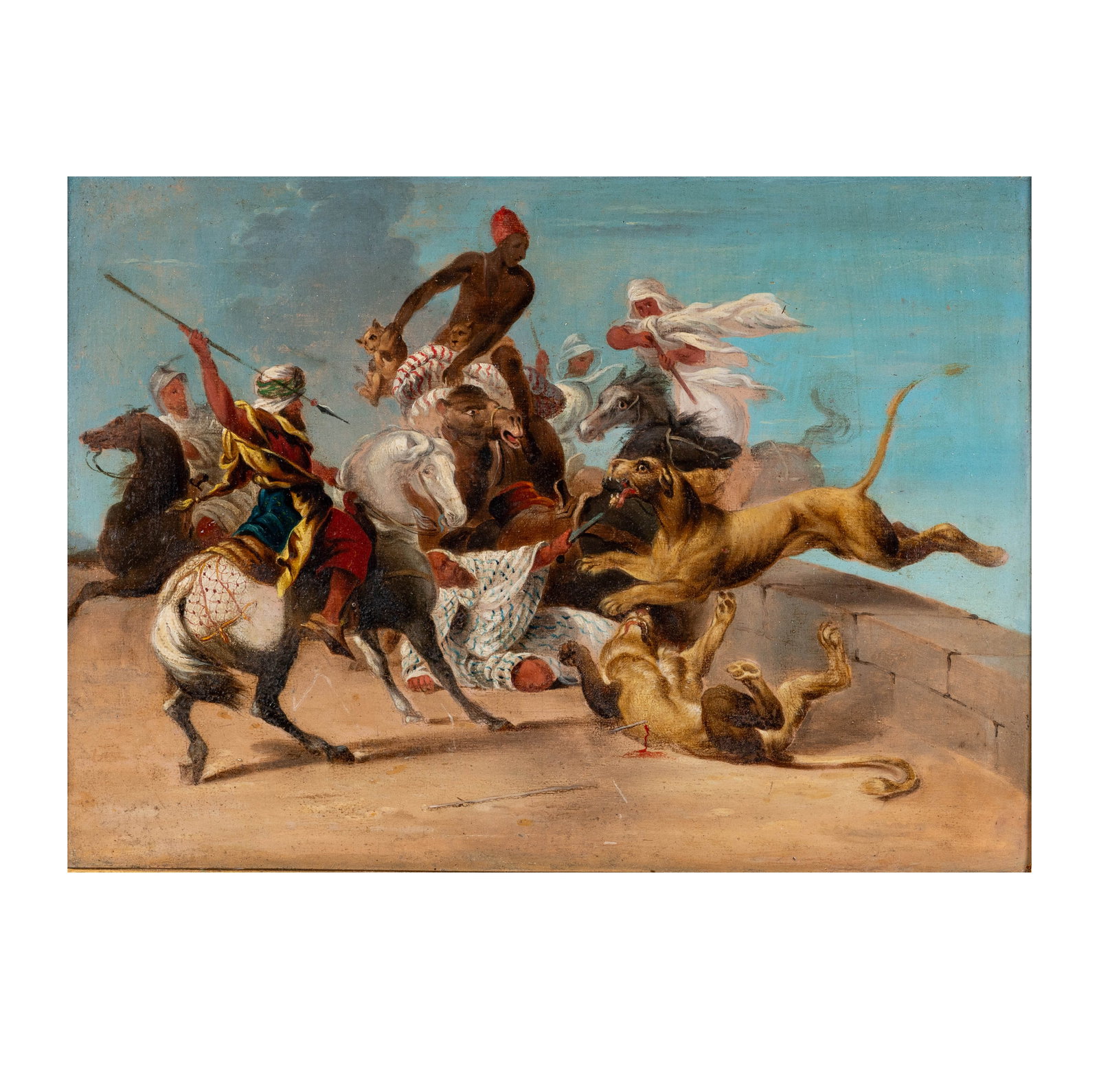 Orientalist School, Lions Attacking: oil on wood panel, no visible signature, 8 1/2 x 12 in. frame: 14 1/2 x 17 1/2 in.