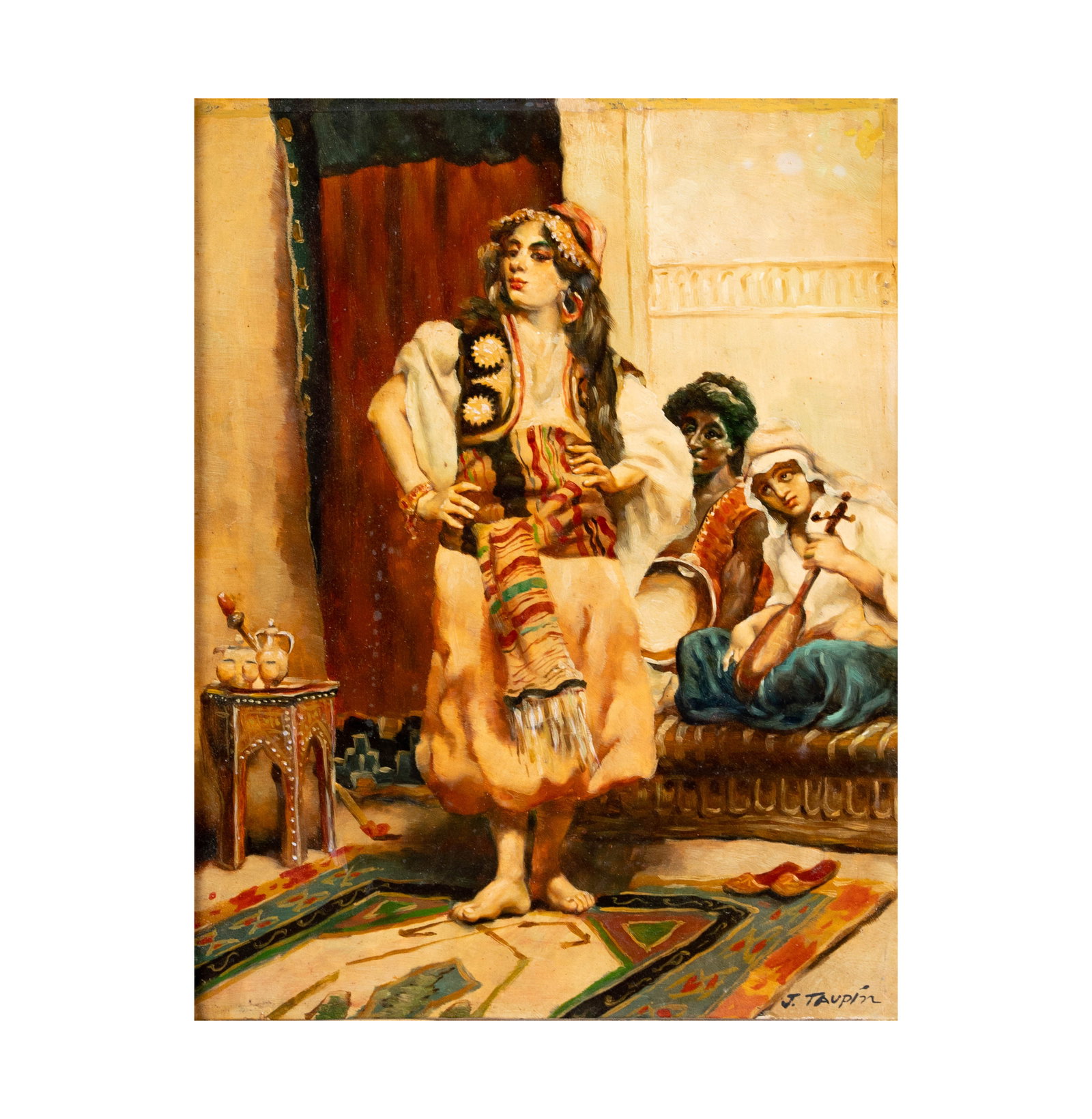 Orientalist Interior Scene: oil on wood panel, signed "J. Taupin", 10 x 8 in., Frame: 17 1/2 x 15 1/2 in.