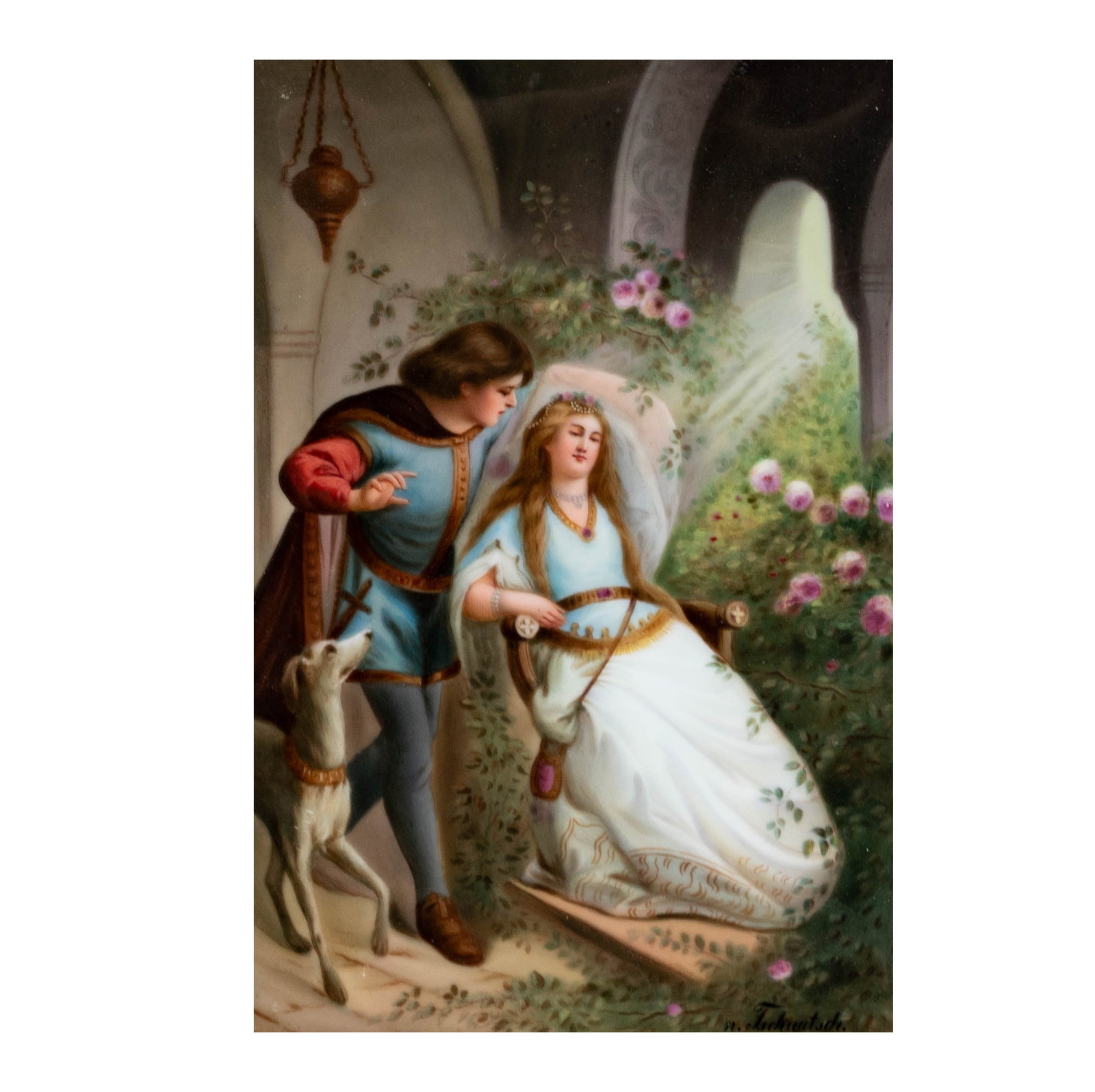 Porcelain Plaque of a Couple With Dog: 8 x 5 1/2 in. (20.3 x 14 cm.), Frame: 12 1/2 x 9 1/2 in. (31.8 x 24.1 cm.)