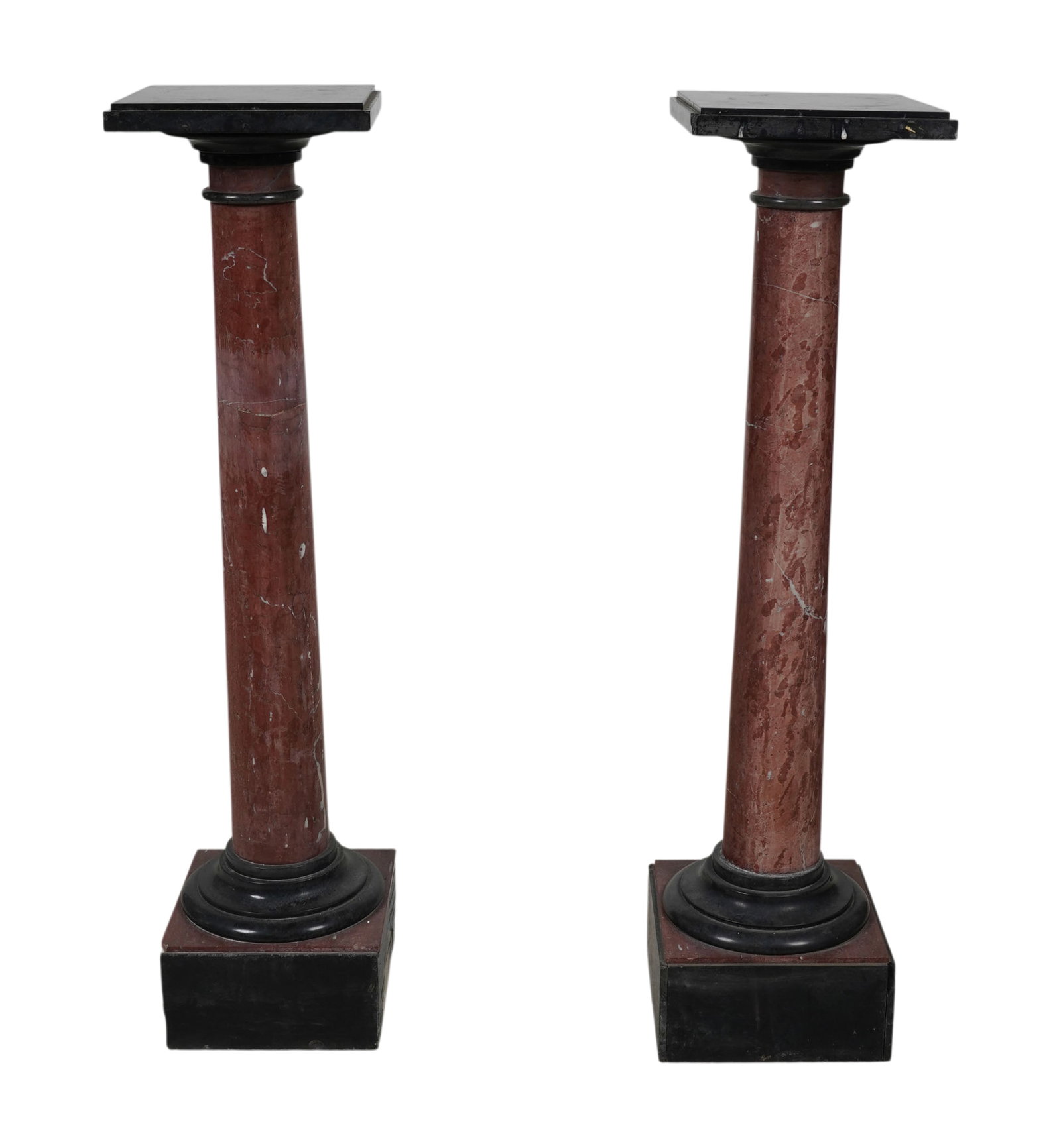 Pair of Red and Black Marble Pedestals: 41 3/4 x 10 1/4 x 10 1/4 in.