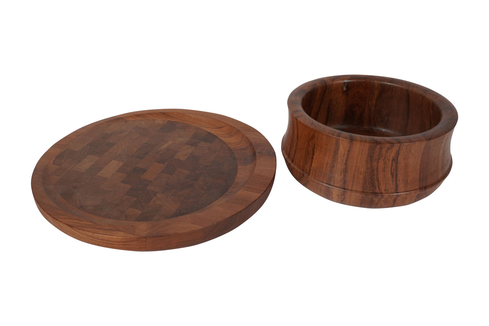 Teak Serving Bowl and Tray: the bowl Mark Nissen, (5 1/4 x 11 in.,), the tray Dansk (15 1/2 in. dia.)