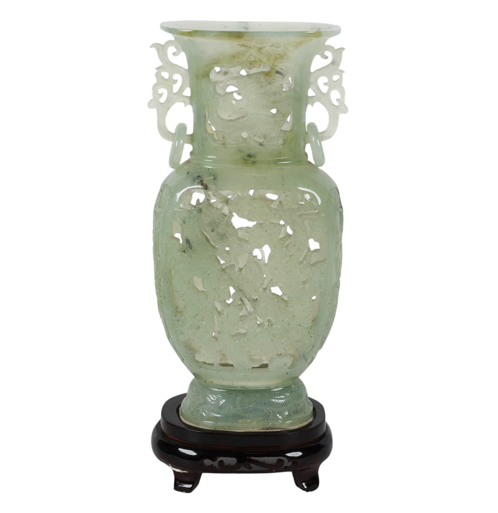 Chinese Carved Jade Urn: on wooden base, 12 in. high, overall: 14 in. high,