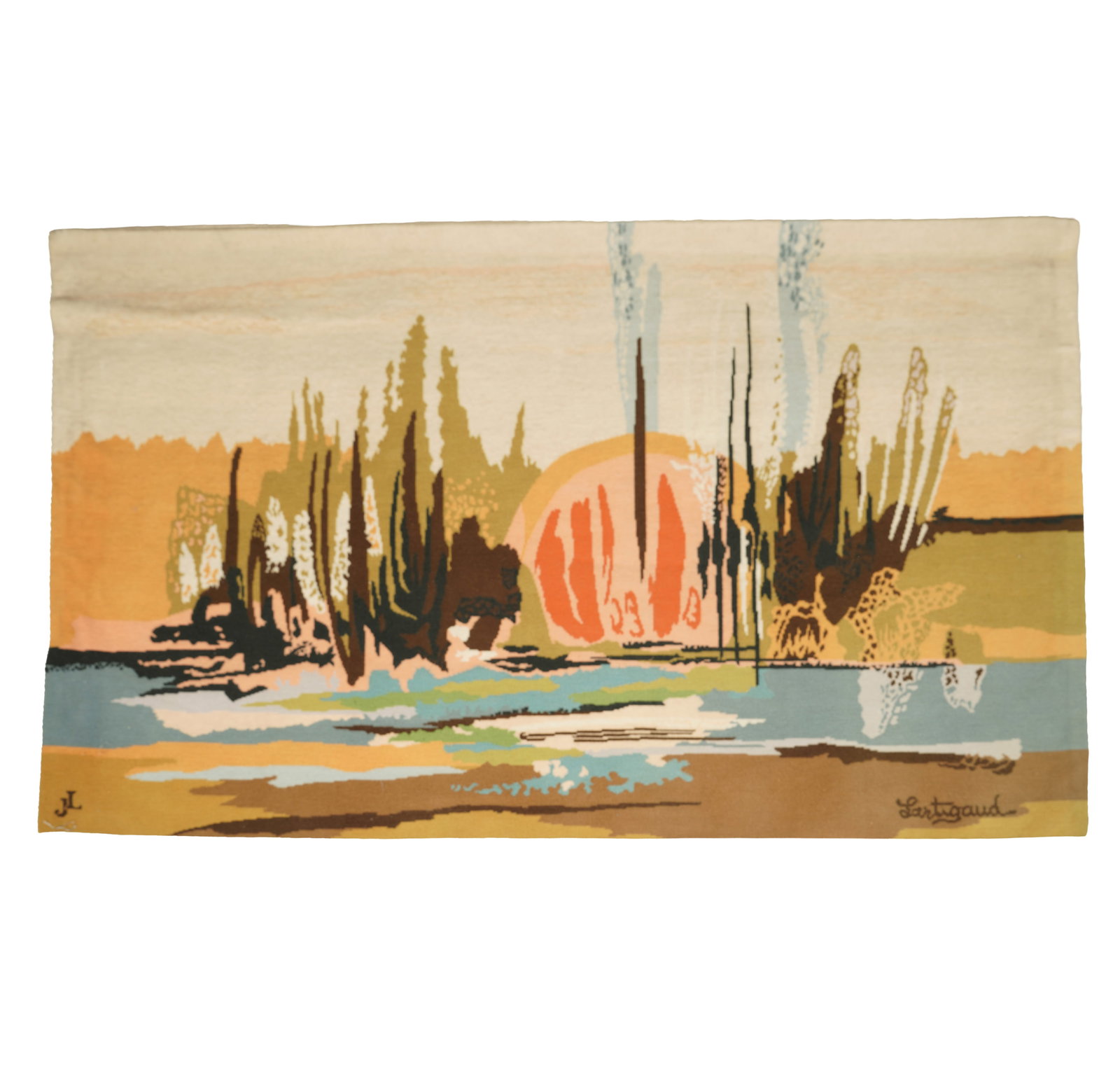 French Tapestry Wallhanging: "Jardin de Reve", 1982; signed "Lantigaud" lower right and "JL" lower right, titled and dated to Arfedis label verso 46 x 78 in. (116.8 x 198.1 cm.)