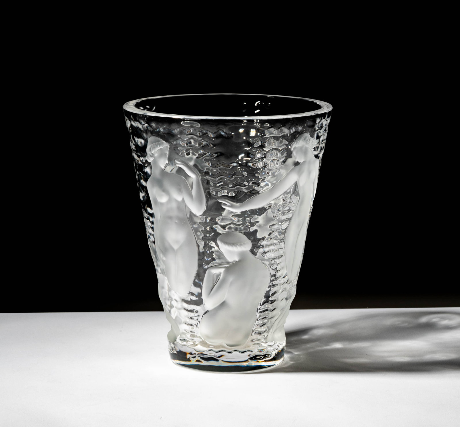 Lalique Glass Ondines Vase: signed "Lalique France", 9 1/2 x 7 1/2 in. (24.1 x 19.1 cm.),