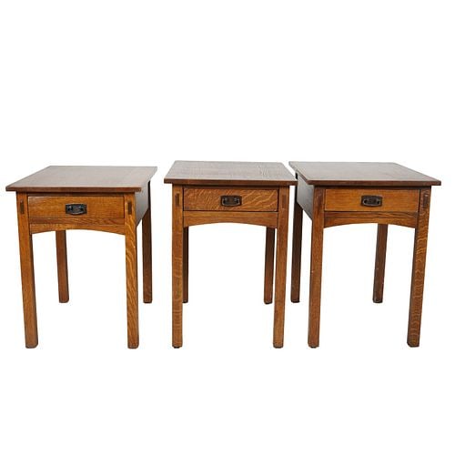 Three Stickley Oak Single Drawer End Tables: late 20th/21st century, each with manufacturer's label to interior of drawer, 26 x 26 x 20 in.