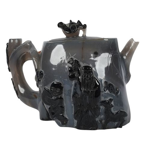 Chinese Carved Stone Teapot: 5 1/2 x 8 1/4 x 4 1/2 in.