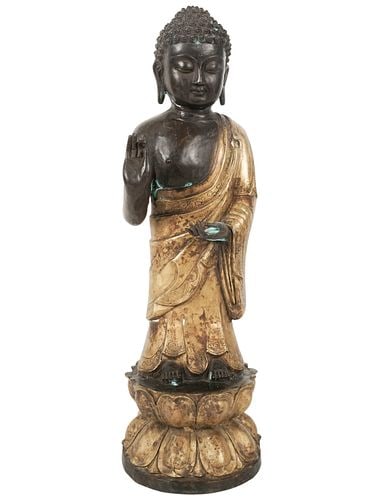 Patinated and Gilt Bronze Standing Buddha Figure: unmarked, 20 in. high