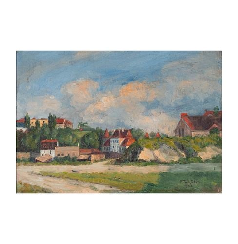 Continental School (early 20th century), Village in Landscape: oil on board, 1908, signed and dated lower right, 8 1/2 x 12 1/4 in., Frame: 15 x 12 in.