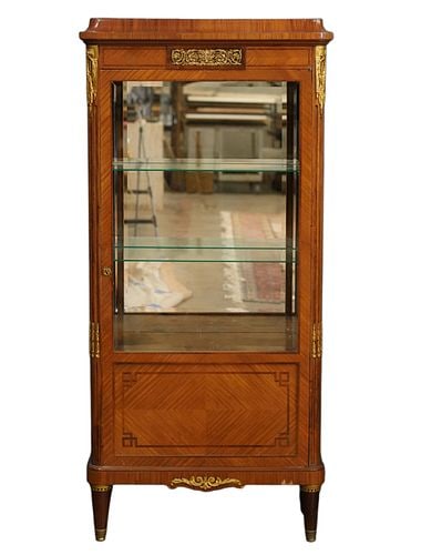 Antique Louis XVI-Style Vitrine Cabinet: 19th century, with beveled glass panels, glass shelves, and gilt metal mounts, 71 x 34 x 17 in.