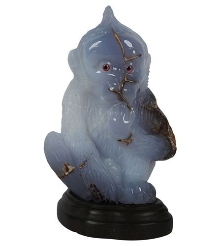 Carved Agate Figure of a Monkey: with wooden base, overall: 7 x 4 x 4 in.