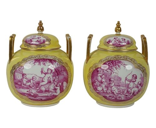 Pair of Meissen-Style Porcelain Covered Urns: each with blue painted Augustus Rex mark, each: 11 x 8 1/2 in.