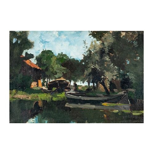 20th century, Lakeshore Cottage: oil on canvas, signed illegibly lower right, 13 x 19 in., frame: 21 1/4 x 27 in.