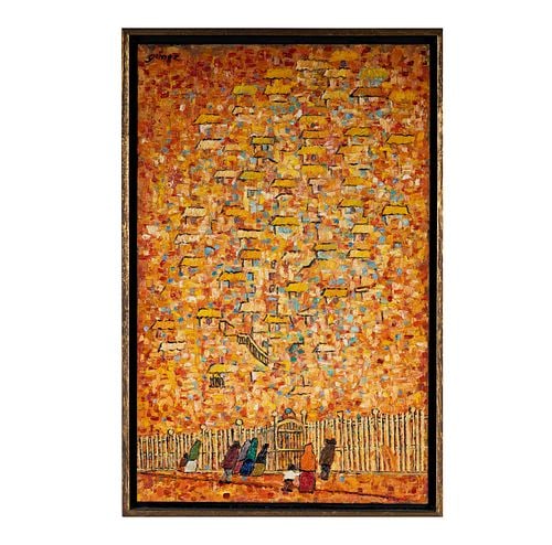 20th century, Figures at a Gate: oil on board, signed "Gomez" upper left, 15 3/4 x 10 in., frame: 17 x 11 in.