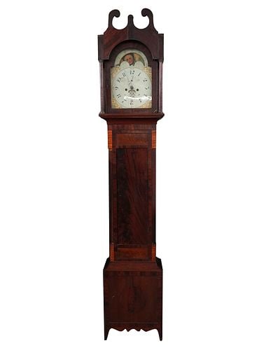 English Mahogany Tall Case Clock: with pendulum and weights, 96 x 18 x 9 3/4 in.