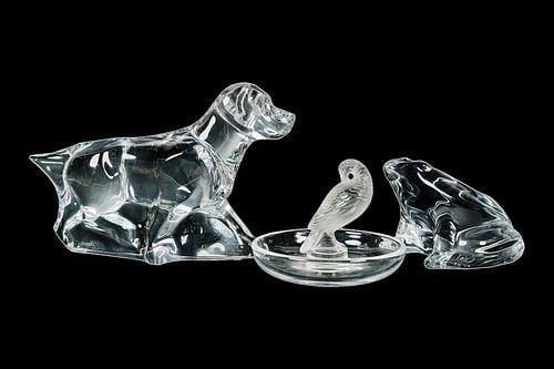 Three Crystal Table Ornaments, Baccarat, Lalique: comprising a Lalique ring dish, a Baccarat Labrador dog figure (4 3/4 in. high) and a Baccarat frog figure, each marked [3 pieces]
