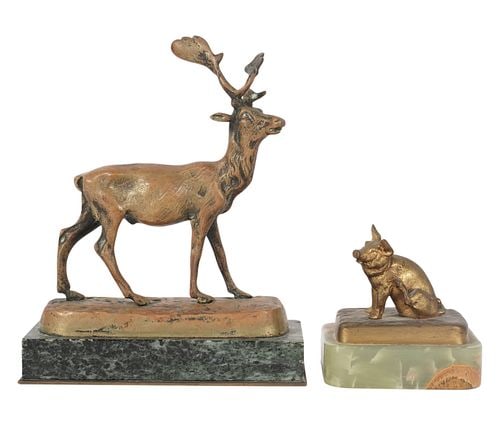 Antoine-Louis Barye (1796-1875), Two Works (Deer and Pig): gilt bronze on marble, each signed, deer: 6 x 5 x 2 1/4 in., pig: 2 1/2 x 2 1/2 in.