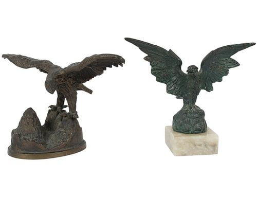 Two Bronze Eagle Sculptures: tallest with stand: 7 x 8 1/4 x 3 in.
