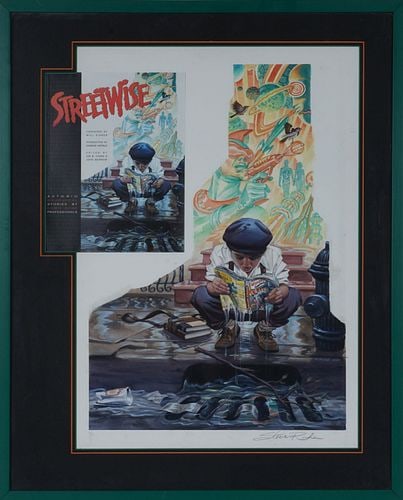 Steve Rude: Painted "Street Wise" Cover Featuring Jack Kirby: acrylic and gouache, signed in pencil by Steve Rude lower right, the image painted alongside the printed cover for "Streetwise", Original acrylic and gouache painting to Streetwise "Aut