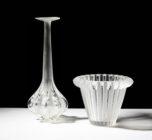 Two Lalique Vases: each signed, tallest: 13 3/4 x 5 1/2 x 5 1/2 in.