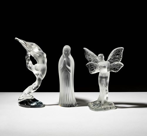 Three Lalique Figures: signed, tallest: 11 x 3 1/4 in.